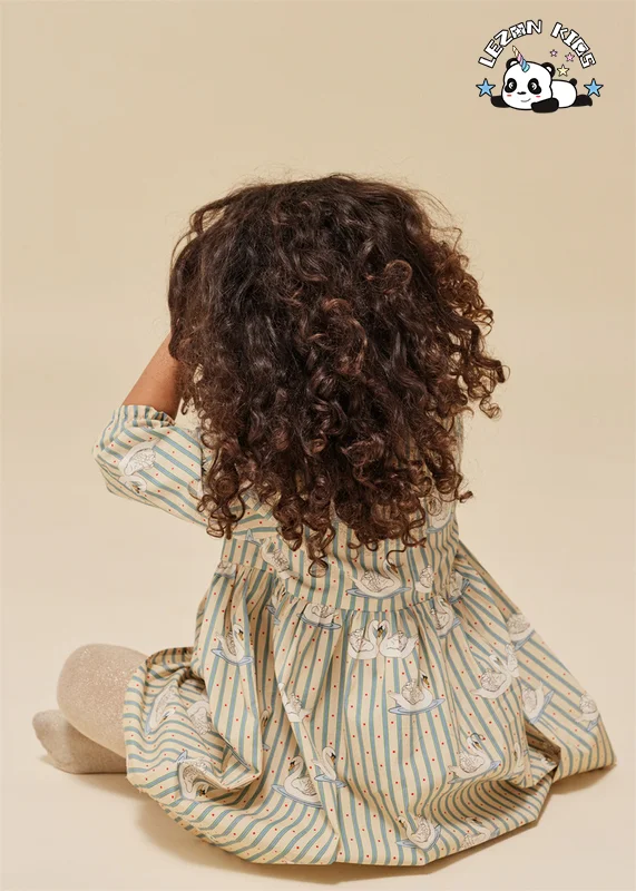 LEZONKIDS - Vestidos Personalizáveis de Alta Qualidade para Meninas com Mangas Longas para Primavera e Outono com Impressão de Cisne e Listras Azuis